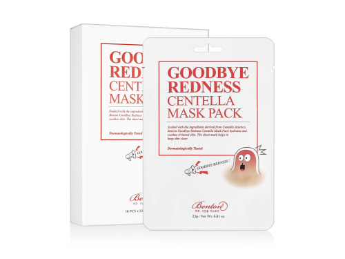 Benton kasvomaski, kuva tuotepaketista, ohut aukirepäistävä pakkaus sekä pahvipakkaus (Goodbye Redness Centella Mask)