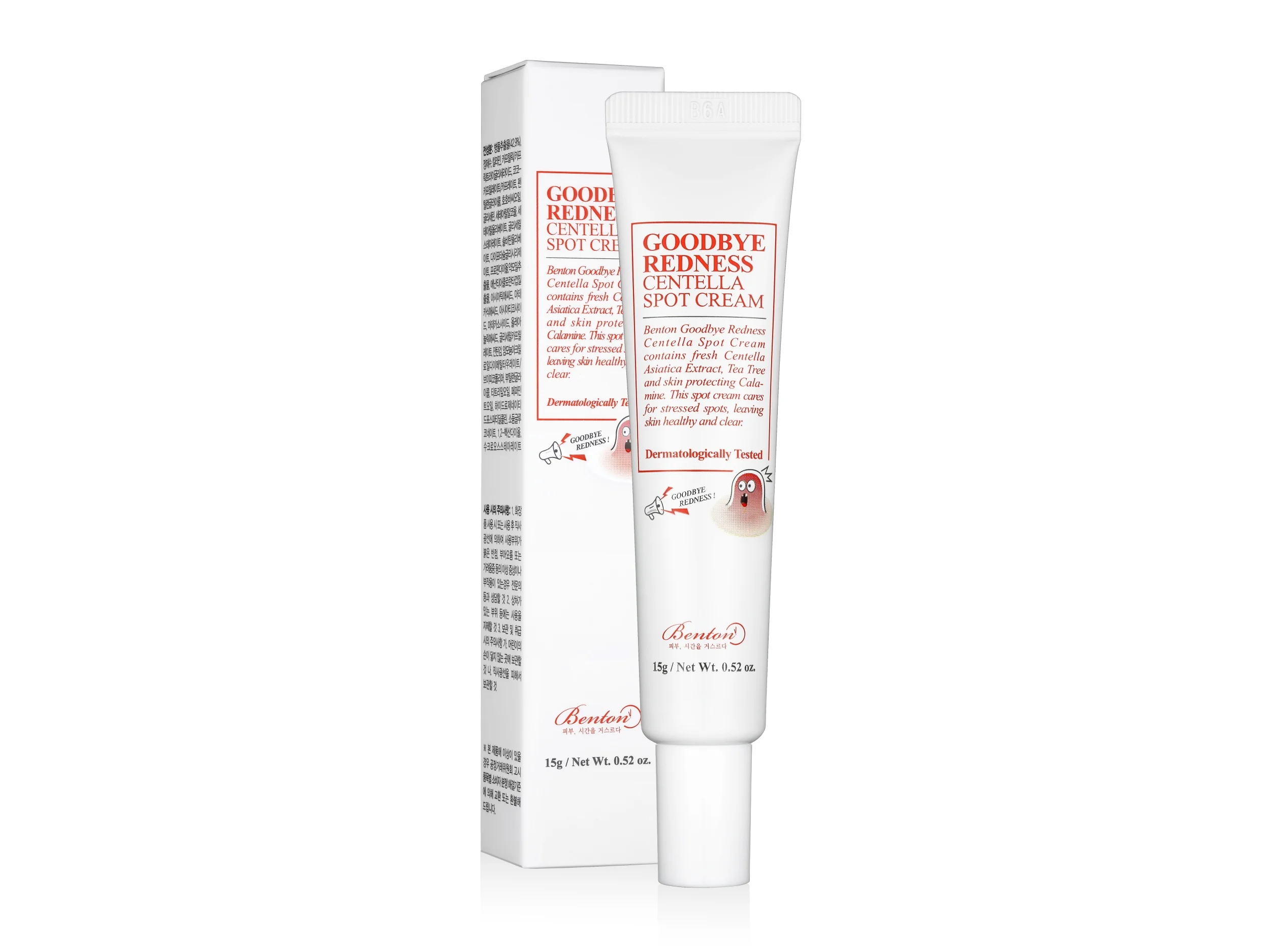 Benton voide, avaamaton tuote, pitkulainen kapeneva muovituubi, kuvassa myös pahvilaatikko (Goodbye Redness Centella Spot Cream)