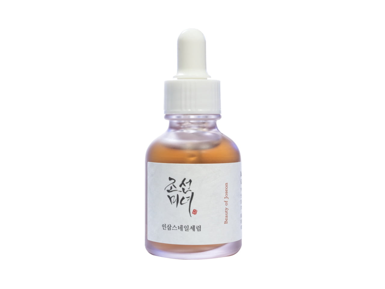 Kuvassa Beauty of Josenin seerumi Revive Serum: Ginseng + Snail Mucin. Pieni pullo jossa oranssia seerumia sisällä. Päässä pipettiotin.